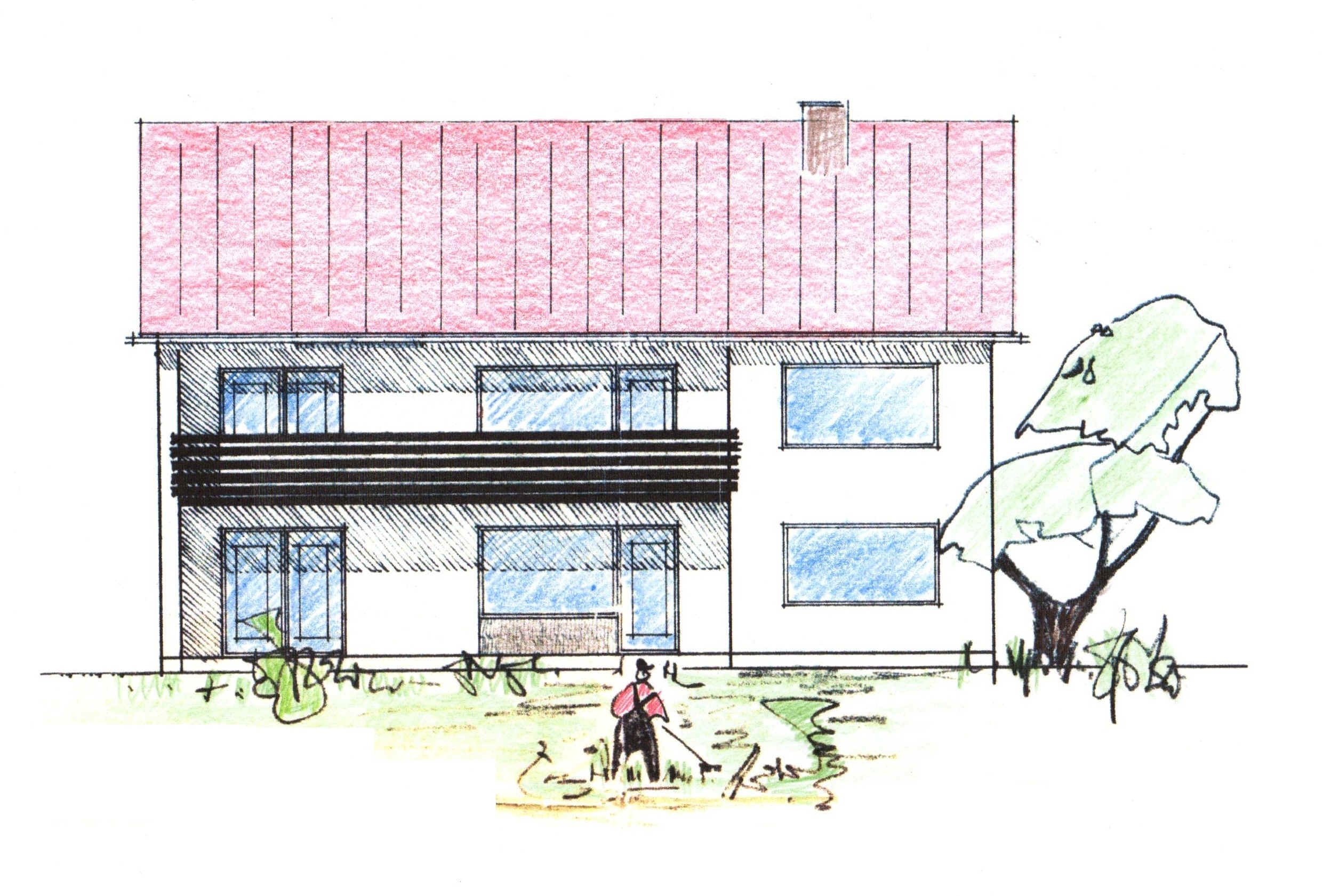 colorierte Planskizze eines zweist�ckigen Geb�udes mit Satteldach